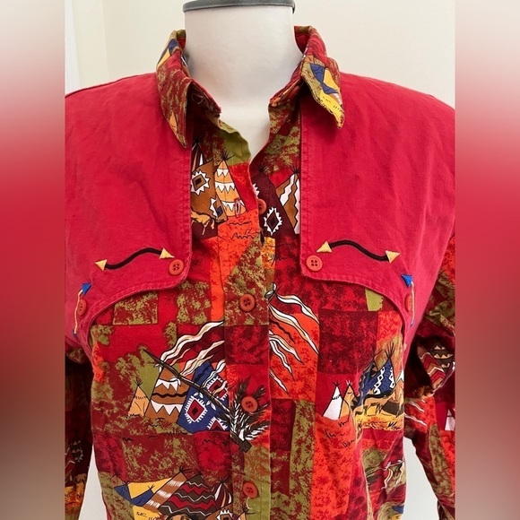 Panhandle Slim Teepee shirt Red  Aztec button front women’s size small - Picture 2 of 3
